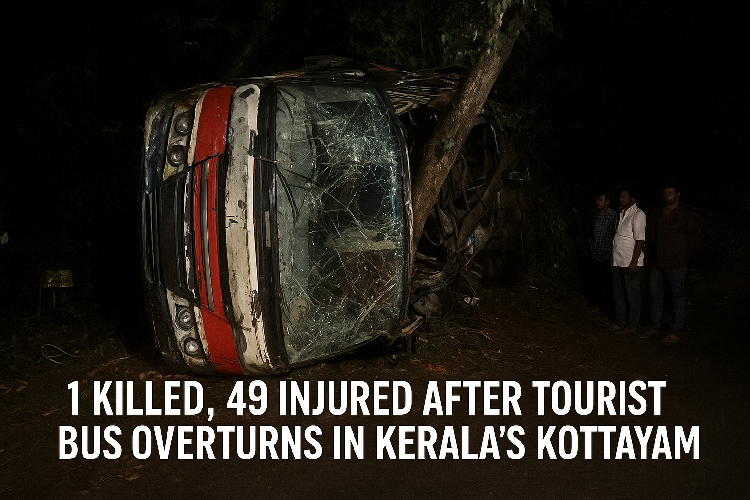 A tourist bus overturned near Cheenkallel in Kottayam, Kerala, leaving one dead and 49 injured in a tragic early-morning accident.