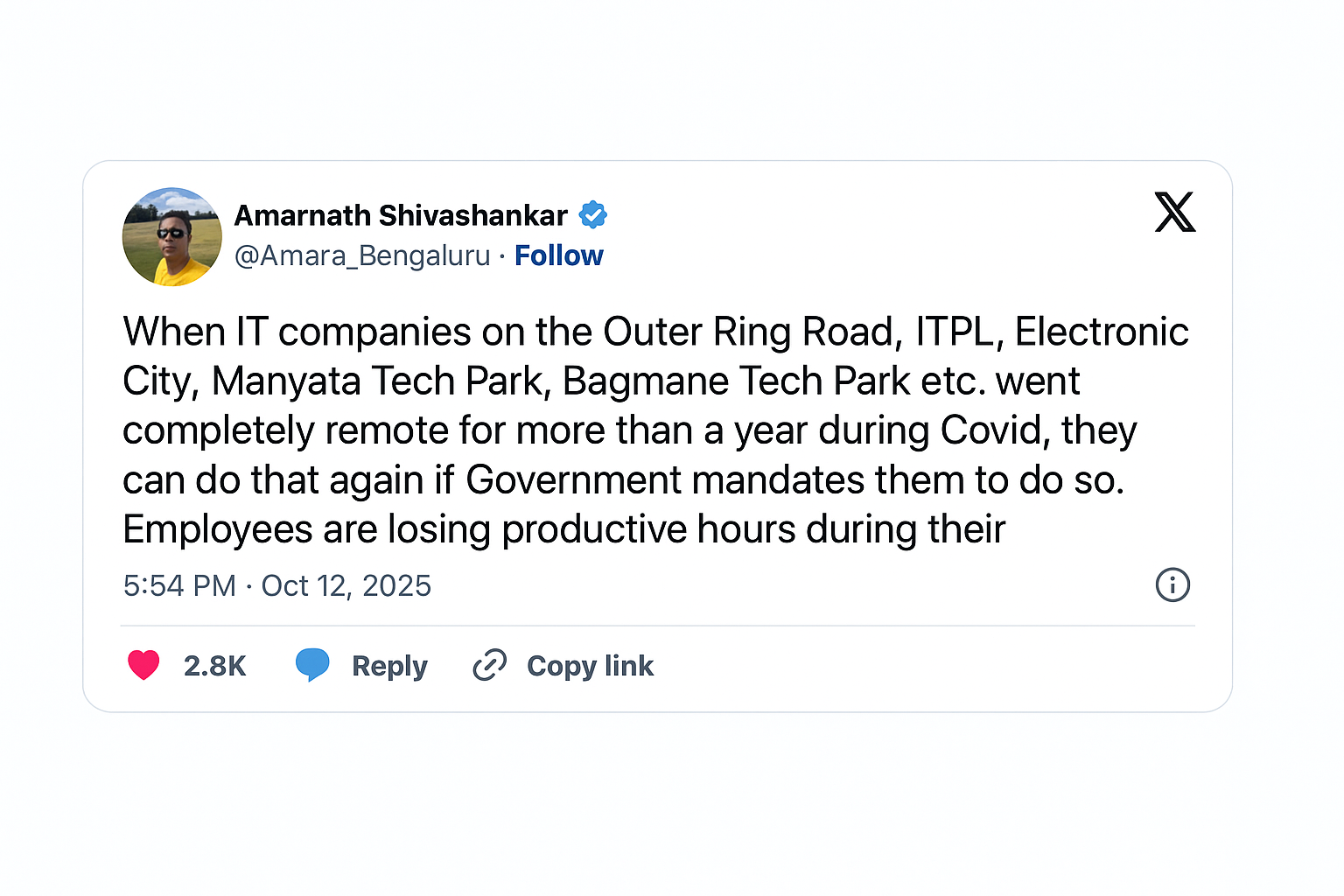 Bengaluru techie Amarnath Shivashankar urges Karnataka government to shut IT parks and allow remote work to fix city infrastructure.