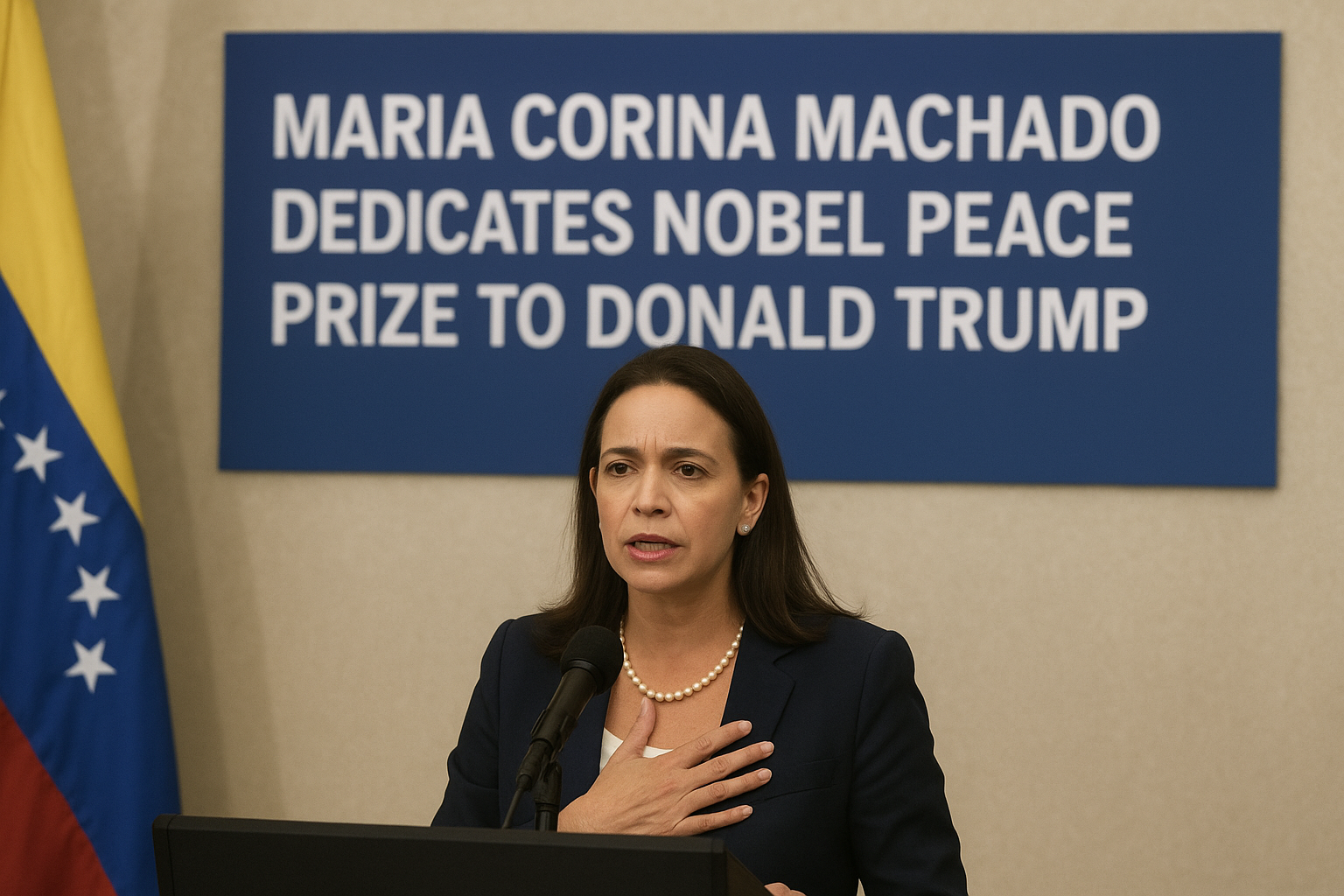 Maria Corina Machado dedicating Nobel Peace Prize to Donald Trump during global ceremony
