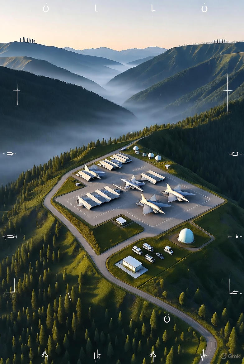 Satellite image of China’s Lhunze airbase showing newly constructed aircraft shelters near Arunachal Pradesh border, symbolizing Beijing’s growing air power presence in the Himalayas.