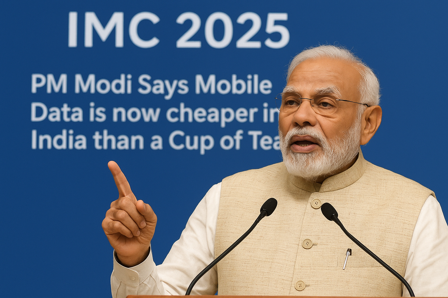 "Prime Minister Narendra Modi speaking at India Mobile Congress (IMC) 2025, highlighting that mobile data in India is now cheaper than a cup of tea."