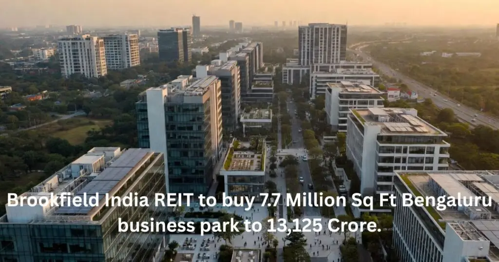 : Aerial view of a modern business park in Bengaluru, representing Brookfield India REIT's 7.7 million sq ft office acquisition.