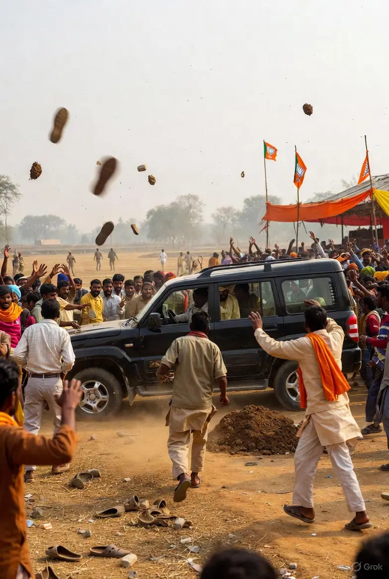 Slippers and stones thrown at Bihar Deputy CM Vijay Sinha’s convoy during Lakhisarai election phase, mob attacks vehicle amid polling violence.