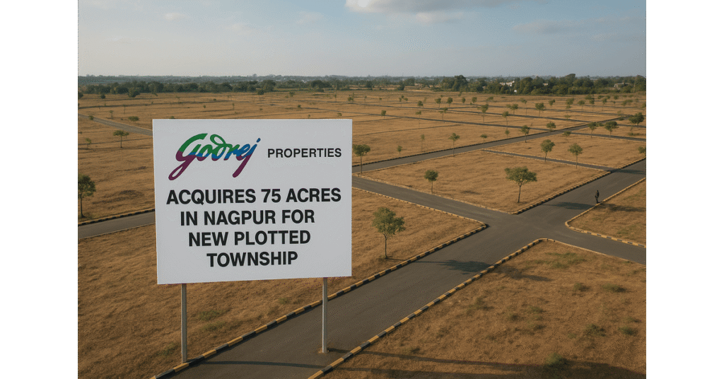 Aerial view of a large 75-acre land parcel in Nagpur marked for Godrej Properties’ upcoming plotted residential township near Samruddhi Mahamarg and MIHAN SEZ.