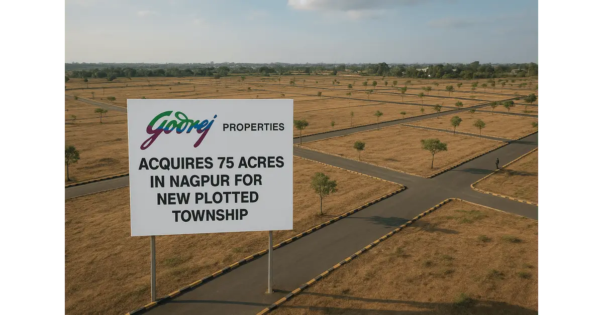 Aerial view of a large 75-acre land parcel in Nagpur marked for Godrej Properties’ upcoming plotted residential township near Samruddhi Mahamarg and MIHAN SEZ.