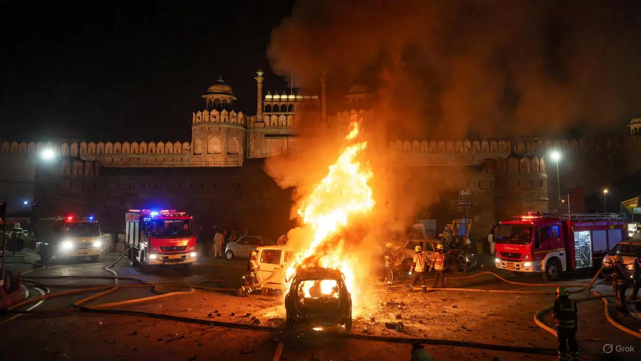 Scene of high-intensity blast near Delhi’s Red Fort with wrecked vehicles and emergency response teams at the site.