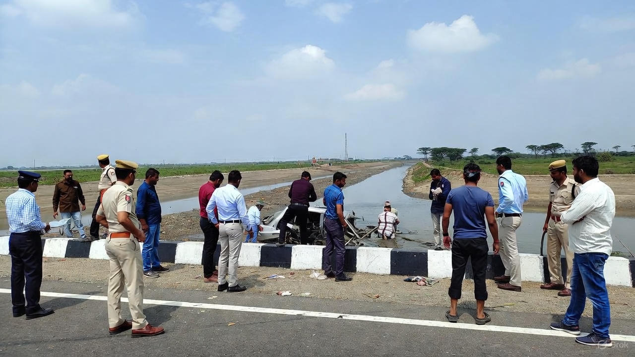 Uttar Pradesh car canal accident where a speeding vehicle lost control near a speed breaker and fell into the Sharda Canal in Lakhimpur Kheri, leading to five deaths and a major rescue operation.