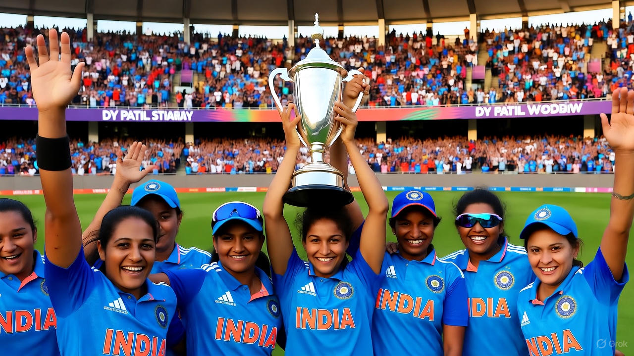 Indian women’s cricket team celebrates their maiden ICC Women’s World Cup victory at DY Patil Stadium after defeating South Africa by 52 runs, with Shafali Verma and Deepti Sharma leading the charge.