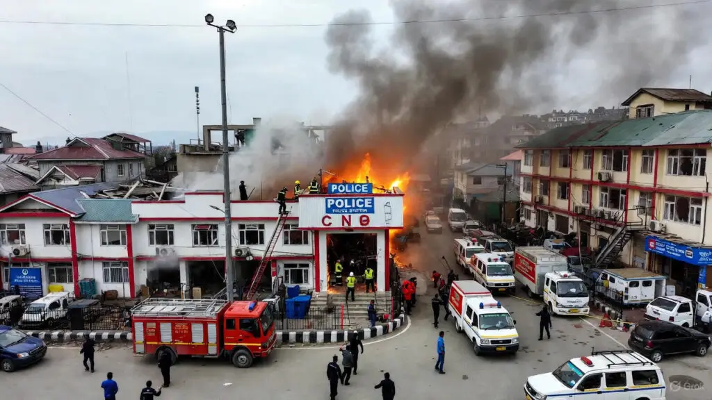 Aftermath of the Nowgam Police Station blast in Srinagar showing damaged structures, smoke, and emergency responders working at the scene.