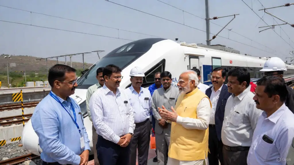 Prime Minister Narendra Modi reviewing Mumbai–Ahmedabad Bullet Train progress at Surat station with engineers and project teams.